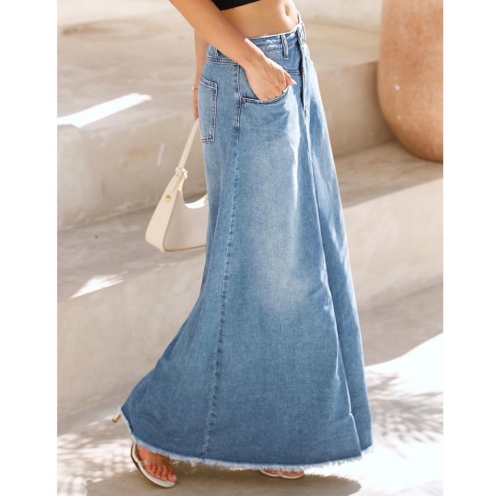 🎉New Boho Light Black Frayed Hem Jean Denim Pockets Maxi Skirt